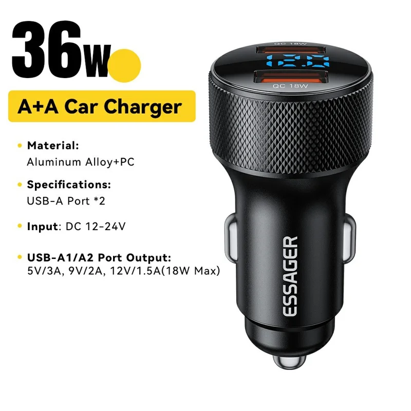 ESSAGER PD 36W Aluminum Alloy Fast Charging Car Charger Dual QC3.0 Digital Display Power Adapter - Black