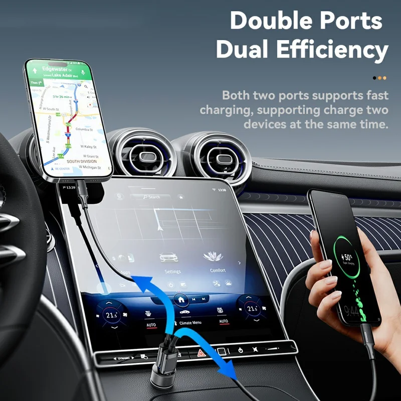 ESSAGER PD 36W Aluminum Alloy Fast Charging Car Charger Dual QC3.0 Digital Display Power Adapter - Black