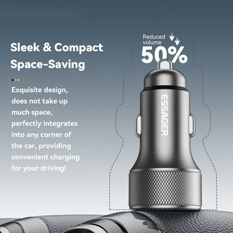 ESSAGER PD 36W Aluminum Alloy Fast Charging Car Charger Dual QC3.0 Digital Display Power Adapter - Black