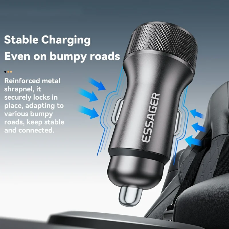 ESSAGER PD 36W Aluminum Alloy Fast Charging Car Charger Dual QC3.0 Digital Display Power Adapter - Black