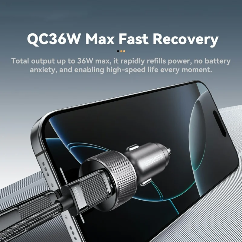 ESSAGER PD 36W Aluminum Alloy Fast Charging Car Charger Dual QC3.0 Digital Display Power Adapter - Black