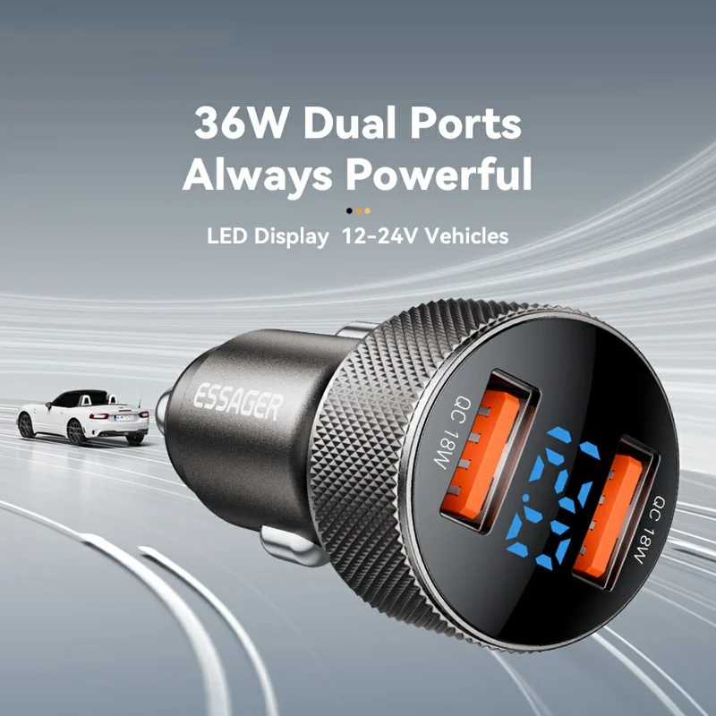 ESSAGER PD 36W Aluminum Alloy Fast Charging Car Charger Dual QC3.0 Digital Display Power Adapter - Black