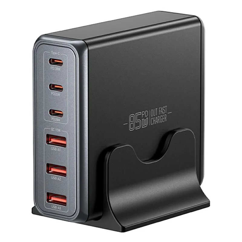 ESSAGER 85W GaN Desktop Charger 3 Type-C + 3 USB-A Multi Device Fast Charging Power Adapter - Black  /  US Plug