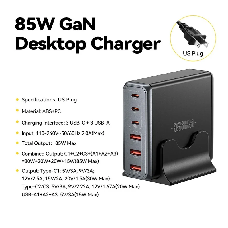 ESSAGER 85W GaN Desktop Charger 3 Type-C + 3 USB-A Multi Device Fast Charging Power Adapter - Black  /  US Plug