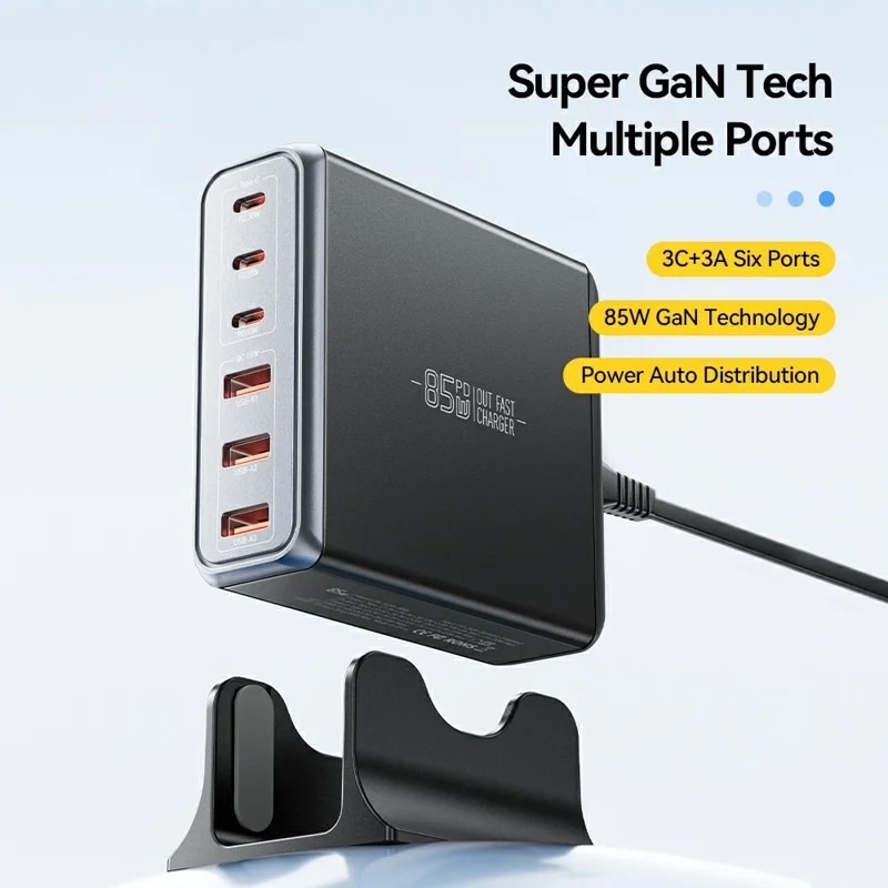ESSAGER 85W GaN Desktop Charger 3 Type-C + 3 USB-A Multi Device Fast Charging Power Adapter - Black  /  US Plug