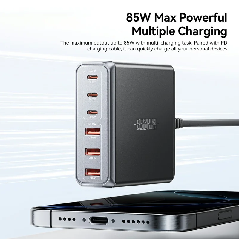 ESSAGER 85W GaN Desktop Charger 3 Type-C + 3 USB-A Multi Device Fast Charging Power Adapter - Black  /  US Plug