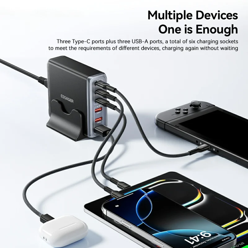 ESSAGER 85W GaN Desktop Charger 3 Type-C + 3 USB-A Multi Device Fast Charging Power Adapter - Black  /  US Plug