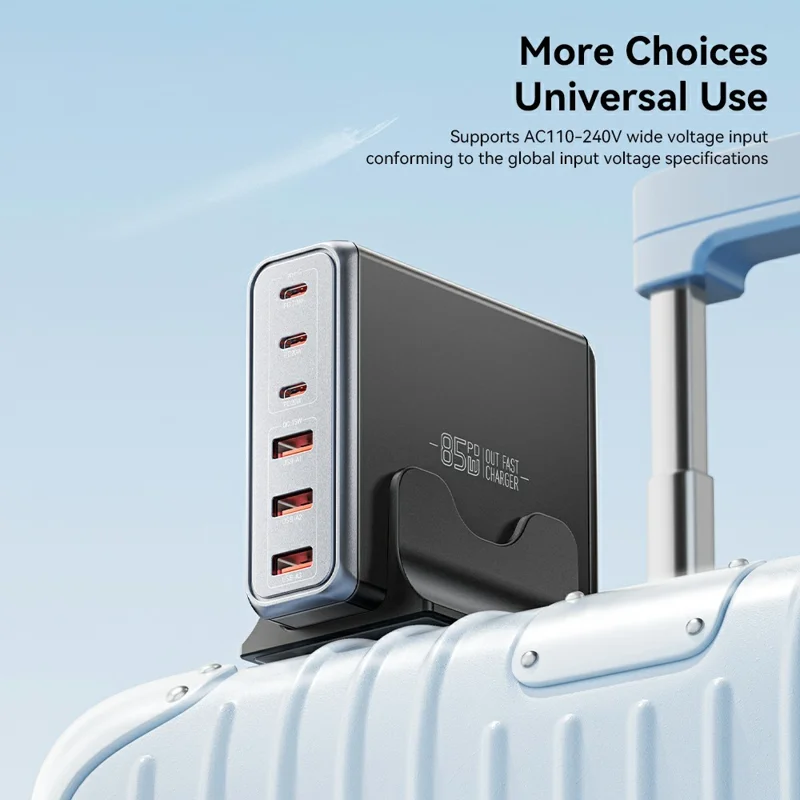 ESSAGER 85W GaN Desktop Charger 3 Type-C + 3 USB-A Multi Device Fast Charging Power Adapter - Black  /  US Plug