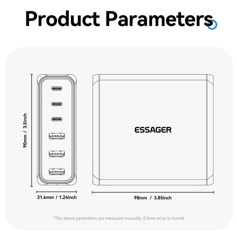 ESSAGER 85W GaN Desktop Charger 3 Type-C + 3 USB-A Multi Device Fast Charging Power Adapter - Black  /  US Plug