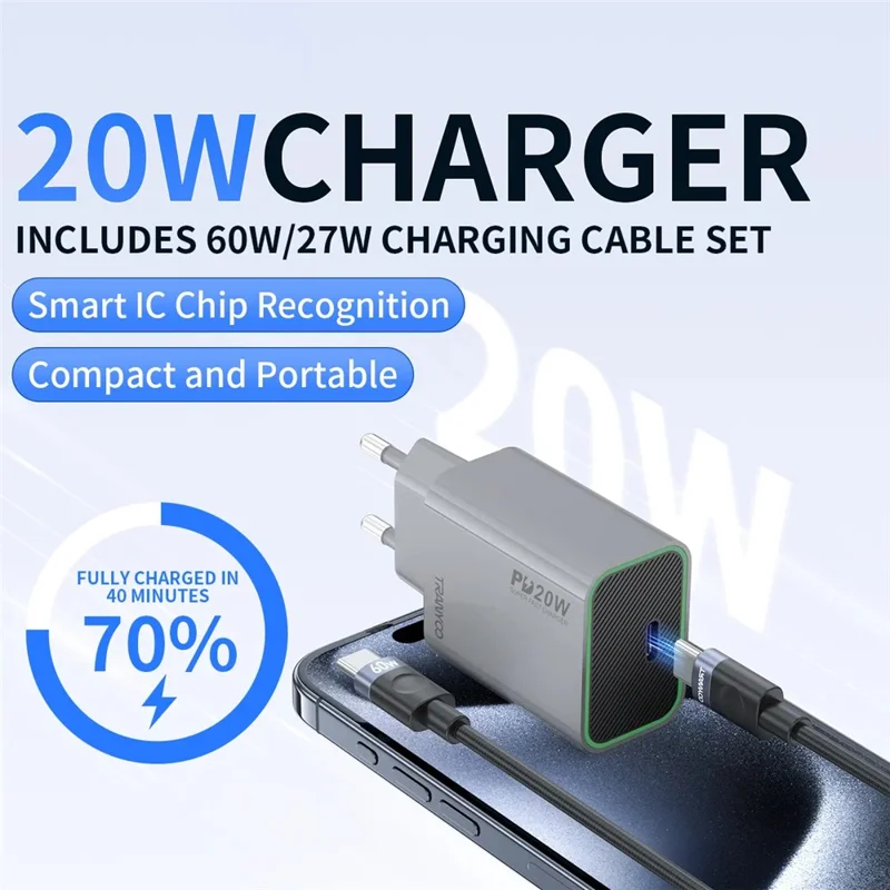 TRANYOO T-EU7 PD 20W Charger with Data Cable Fast Charging Power Adapter Universal Voltage - iP Port