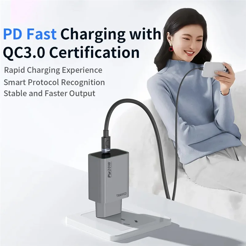 TRANYOO T-EU7 PD 20W Charger with Data Cable Fast Charging Power Adapter Universal Voltage - iP Port