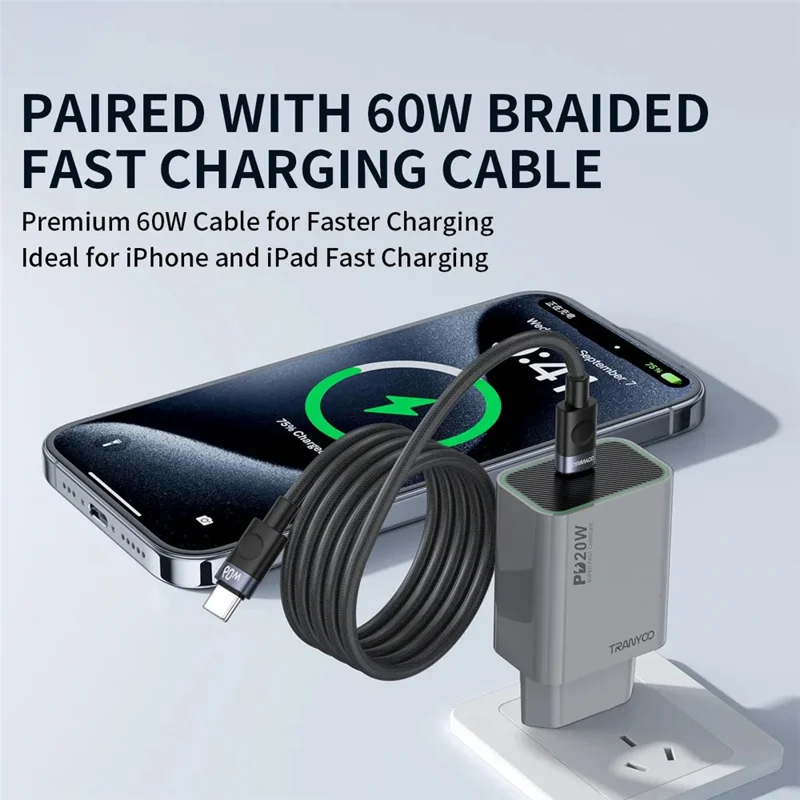 TRANYOO T-EU7 PD 20W Charger with Data Cable Fast Charging Power Adapter Universal Voltage - iP Port