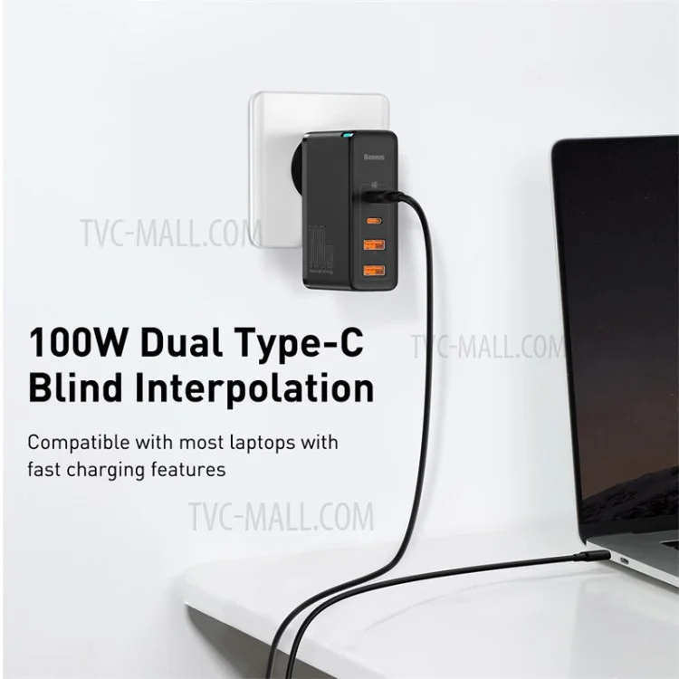 BASEUS GaN2 Pro 2 Typ-C+2 USB-Anschlüsse Quick Charger 100W Wand-Ladegerät Block mit Typ-C-Ladekabel (EU-Stecker) - Schwarz