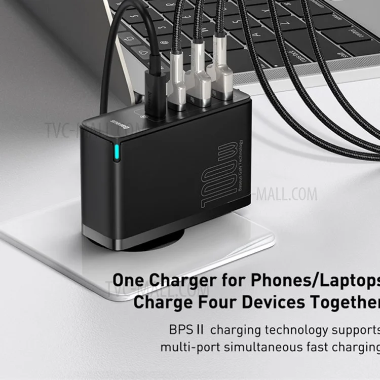 BASEUS GaN2 Pro 2 Typ-C+2 USB-Anschlüsse Quick Charger 100W Wand-Ladegerät Block mit Typ-C-Ladekabel (EU-Stecker) - Schwarz