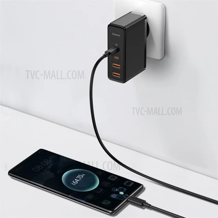 BASEUS GaN2 Pro 2 Typ-C+2 USB-Anschlüsse Quick Charger 100W Wand-Ladegerät Block mit Typ-C-Ladekabel (EU-Stecker) - Schwarz