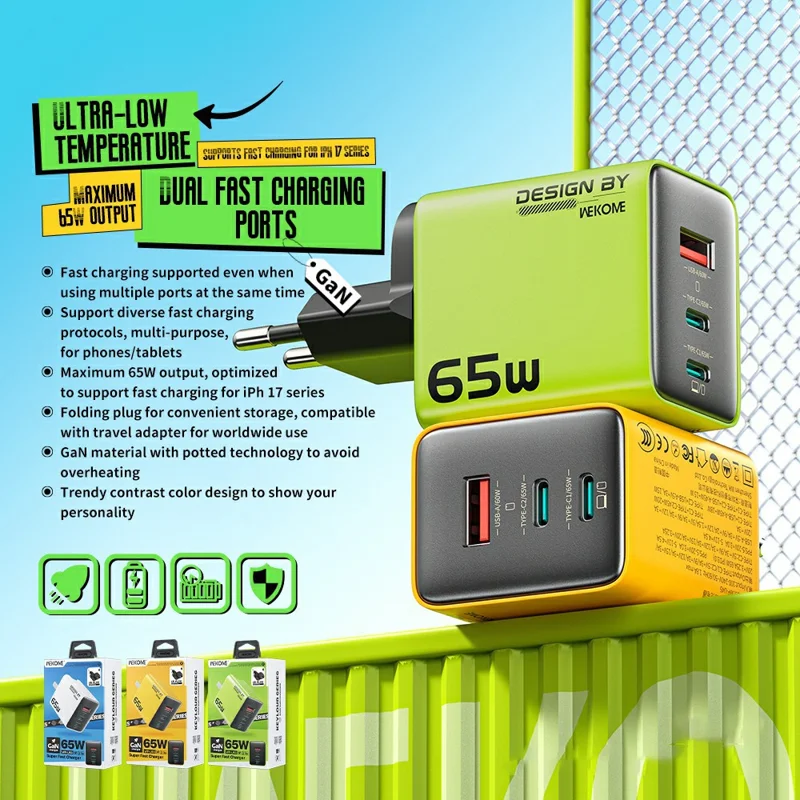 WEKOME WP-U45 65W GaN-laddare Snabbladdningsadapter med flera portar - Vit / EU-uttag