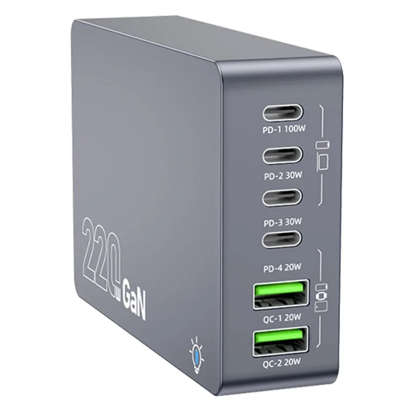 WLX-F8A Desktop Charging Station 6-Port GaN PD 220W (Actual Power 100W) USB-C Fast Charger Adapter - US Plug