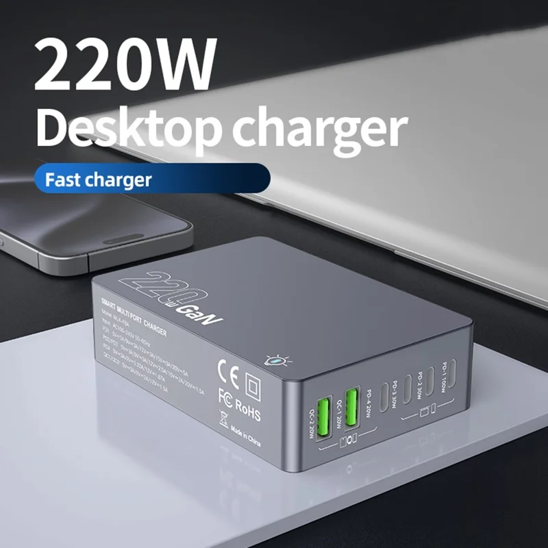 WLX-F8A Desktop Charging Station 6-Port GaN PD 220W (Actual Power 100W) USB-C Fast Charger Adapter - US Plug