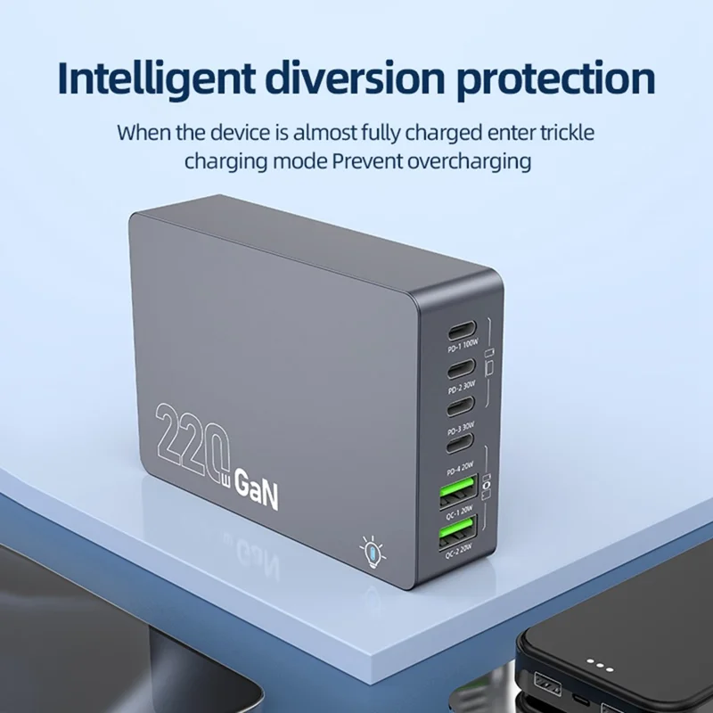 WLX-F8A Desktop Charging Station 6-Port GaN PD 220W (Actual Power 100W) USB-C Fast Charger Adapter - US Plug