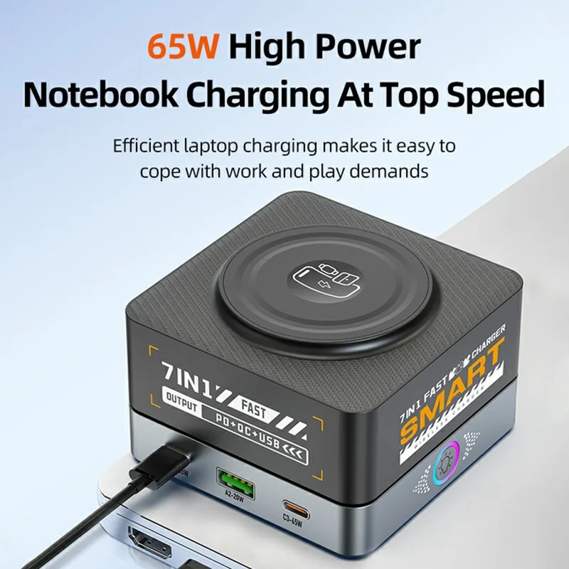 WLX-R8C 7 in 1 65W PD QC Magnetic Wireless Desktop Charger 80W USB-C Charging Station Smart Power Adapter - US Plug