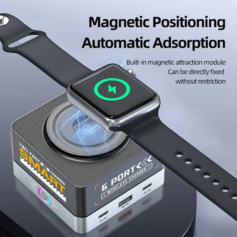 WLX-R8C 7 in 1 65W PD QC Magnetic Wireless Desktop Charger 80W USB-C Charging Station Smart Power Adapter - US Plug