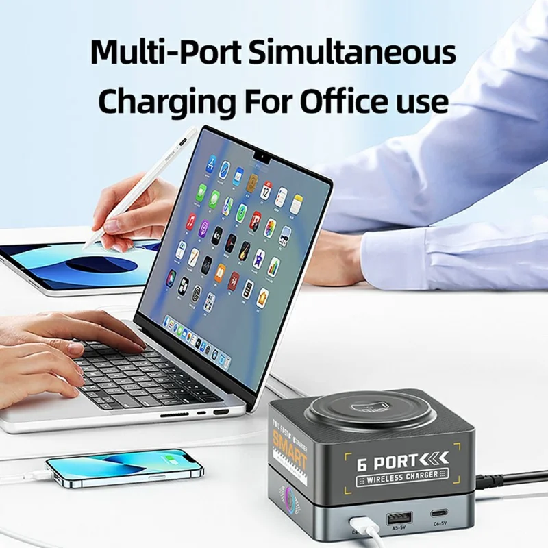 WLX-R8C 7 in 1 65W PD QC Magnetic Wireless Desktop Charger 80W USB-C Charging Station Smart Power Adapter - US Plug