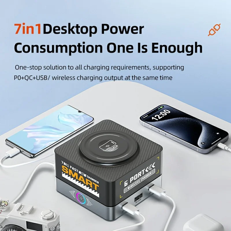 WLX-R8C 7 in 1 65W PD QC Magnetic Wireless Desktop Charger 80W USB-C Charging Station Smart Power Adapter - US Plug