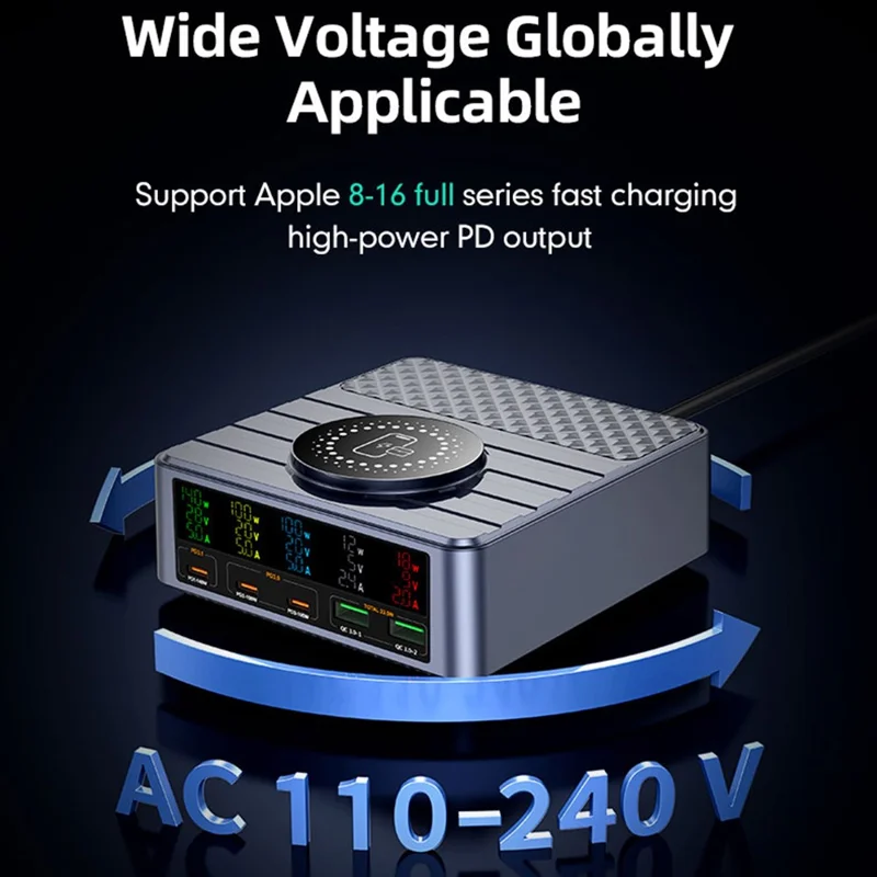 WLX-F2 260W QC4.0 GaN Desktop Fast Charger 140W PD3.1 Wireless Charging Station with Digital Display for Laptop Tablet - US Plug