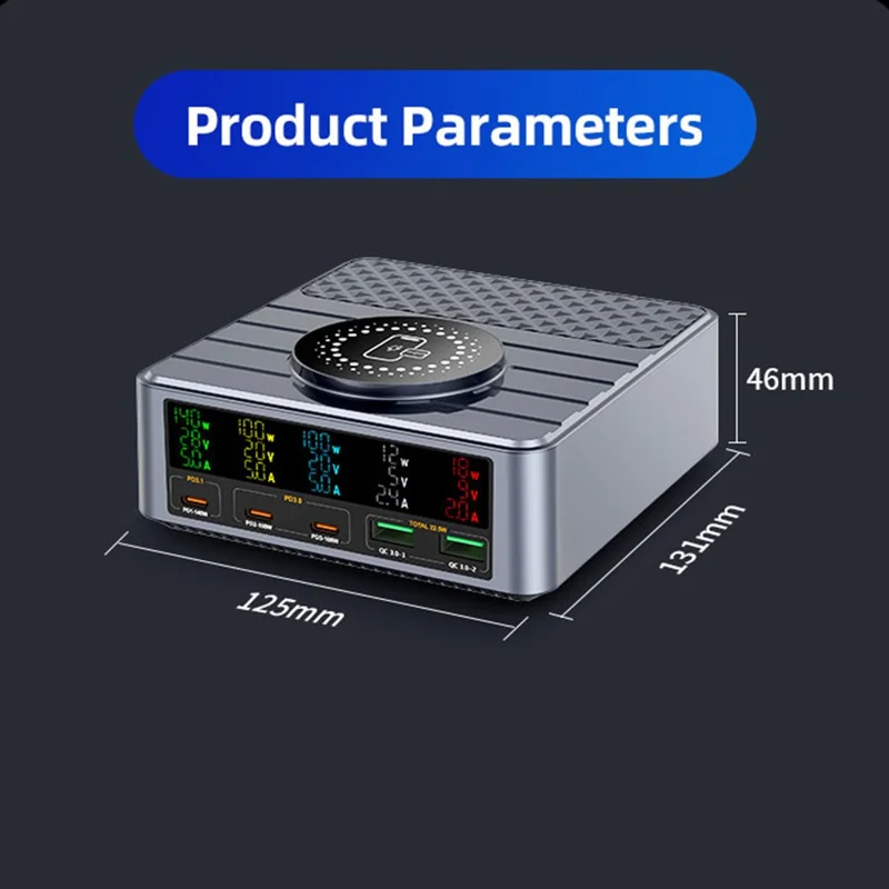 WLX-F2 260W QC4.0 GaN Desktop Fast Charger 140W PD3.1 Wireless Charging Station with Digital Display for Laptop Tablet - US Plug