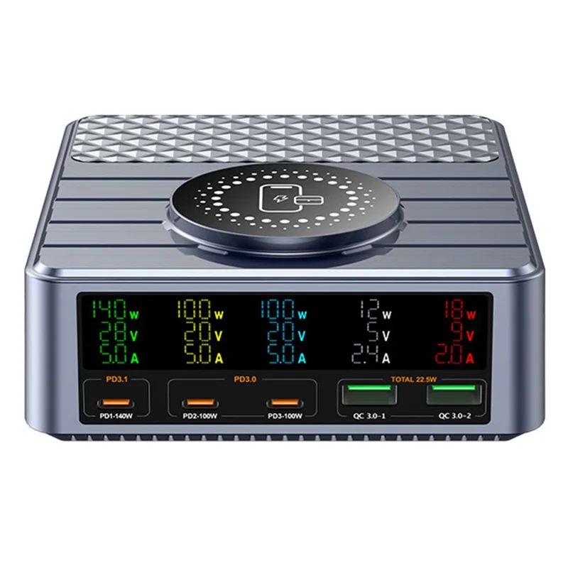 WLX-F2 260W QC4.0 GaN Desktop Fast Charger 140W PD3.1 Wireless Charging Station with Digital Display for Laptop Tablet - US Plug