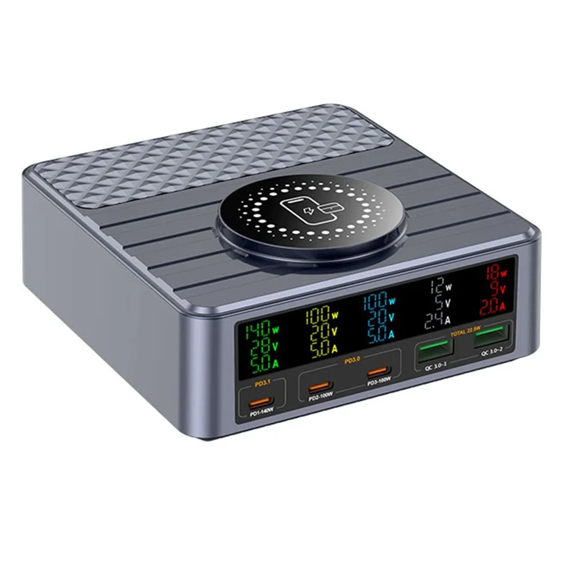 WLX-F2 260W QC4.0 GaN Desktop Fast Charger 140W PD3.1 Wireless Charging Station with Digital Display for Laptop Tablet - US Plug