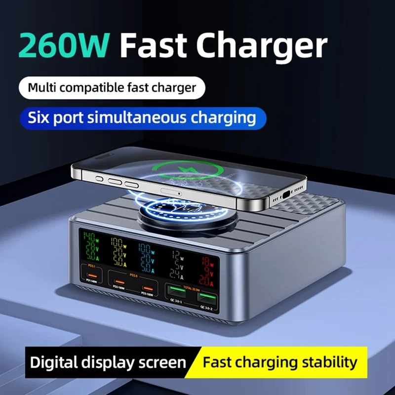 WLX-F2 260W QC4.0 GaN Desktop Fast Charger 140W PD3.1 Wireless Charging Station with Digital Display for Laptop Tablet - US Plug