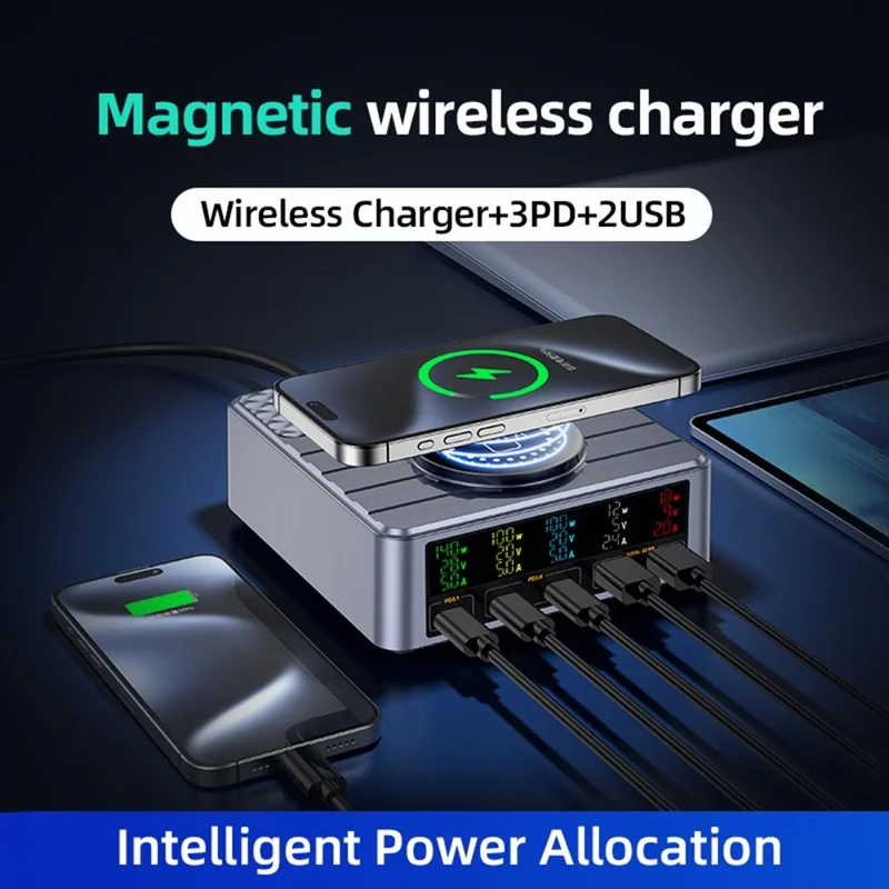 WLX-F2 260W QC4.0 GaN Desktop Fast Charger 140W PD3.1 Wireless Charging Station with Digital Display for Laptop Tablet - US Plug