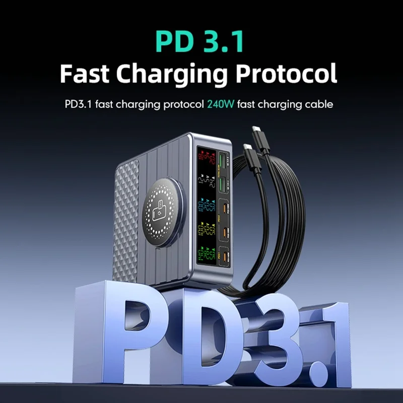 WLX-F2 260W QC4.0 GaN Desktop Fast Charger 140W PD3.1 Wireless Charging Station with Digital Display for Laptop Tablet - US Plug