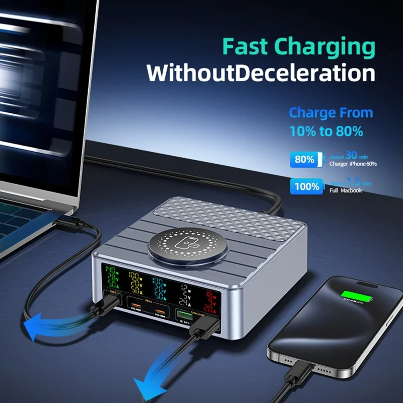 WLX-F2 260W QC4.0 GaN Desktop Fast Charger 140W PD3.1 Wireless Charging Station with Digital Display for Laptop Tablet - US Plug