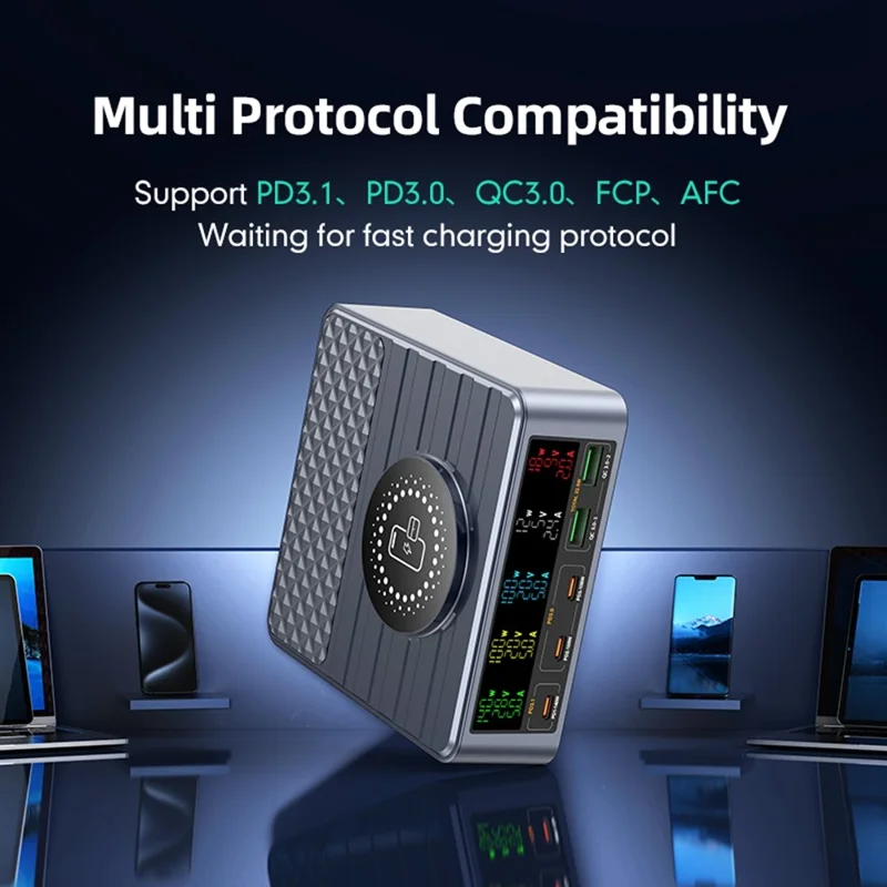 WLX-F2 260W QC4.0 GaN Desktop Fast Charger 140W PD3.1 Wireless Charging Station with Digital Display for Laptop Tablet - US Plug