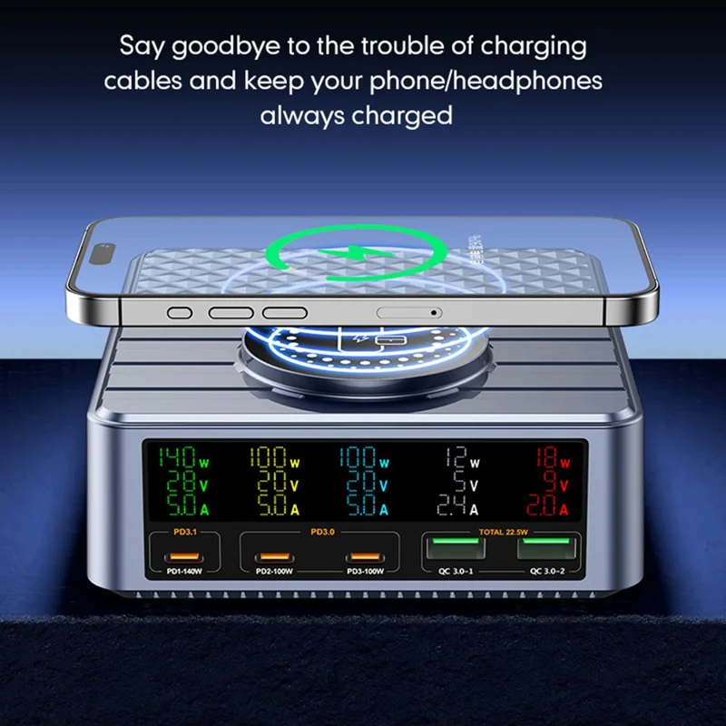 WLX-F2 260W QC4.0 GaN Desktop Fast Charger 140W PD3.1 Wireless Charging Station with Digital Display for Laptop Tablet - US Plug