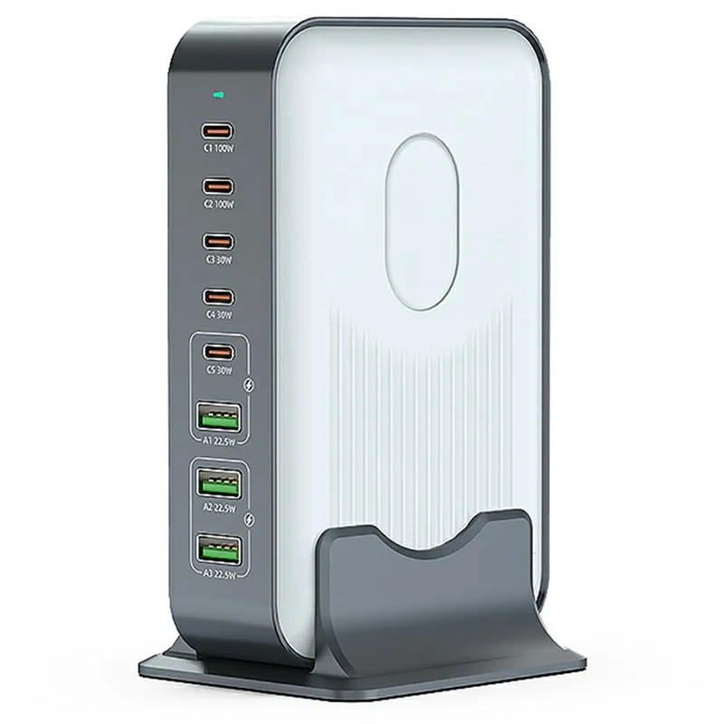 Stacja ładująca WLX-F8B 200 W na podstawie, 8-portowy szybki adapter GaN USB-C PD 100 W do laptopów/tabletów/telefonów – wtyk amerykański