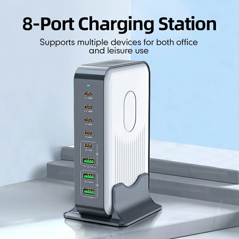 Stacja ładująca WLX-F8B 200 W na podstawie, 8-portowy szybki adapter GaN USB-C PD 100 W do laptopów/tabletów/telefonów – wtyk amerykański