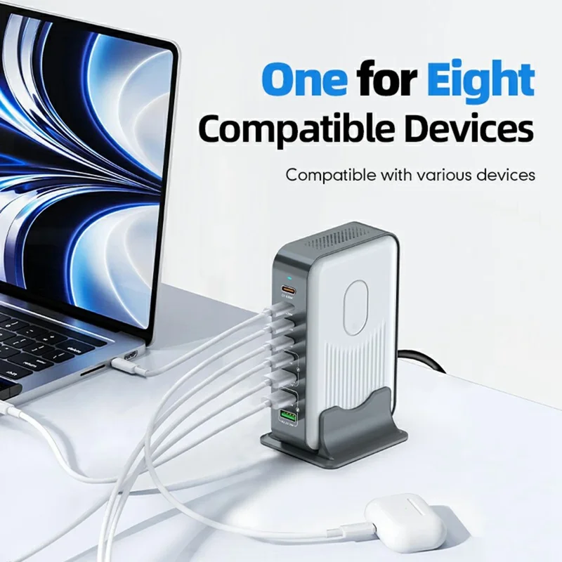 Stacja ładująca WLX-F8B 200 W na podstawie, 8-portowy szybki adapter GaN USB-C PD 100 W do laptopów/tabletów/telefonów – wtyk amerykański