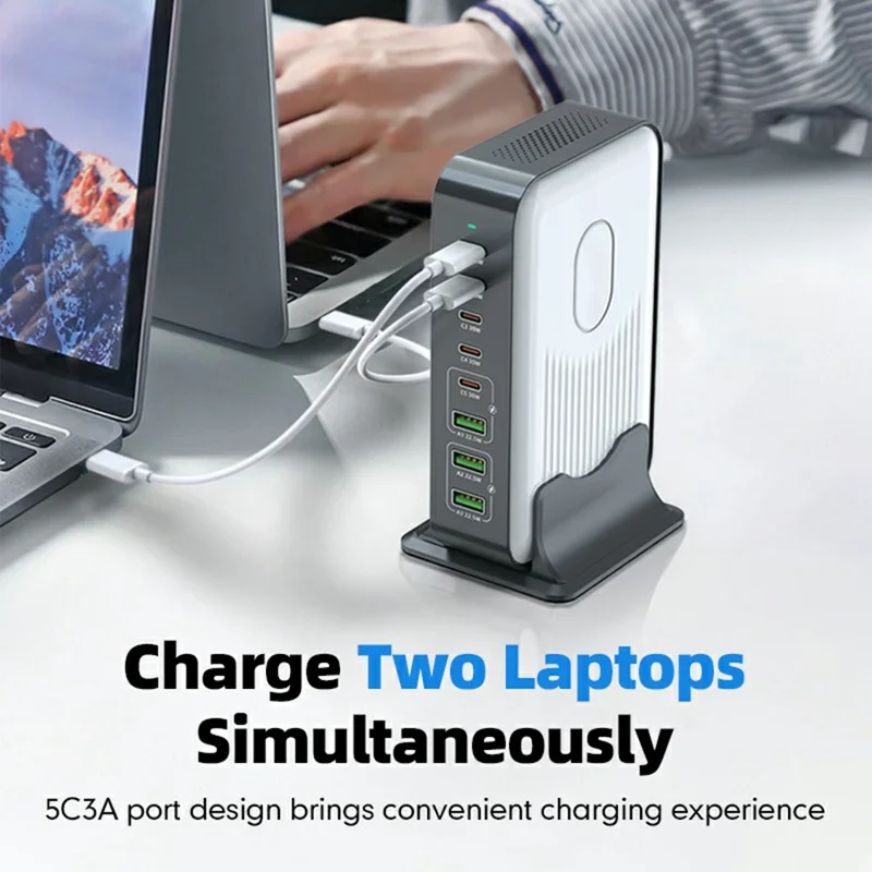 Stacja ładująca WLX-F8B 200 W na podstawie, 8-portowy szybki adapter GaN USB-C PD 100 W do laptopów/tabletów/telefonów – wtyk amerykański