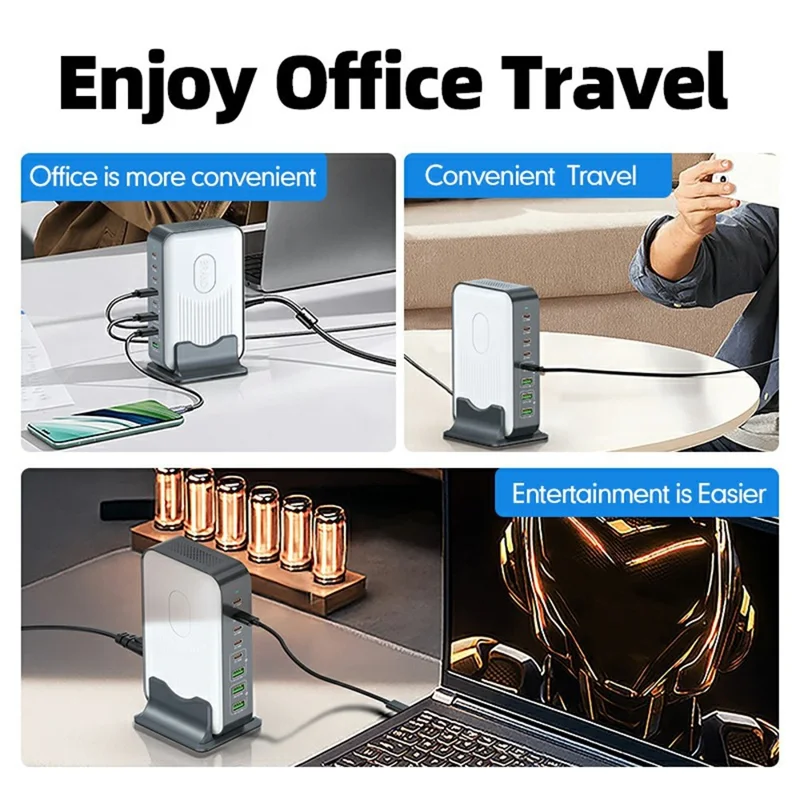 Stacja ładująca WLX-F8B 200 W na podstawie, 8-portowy szybki adapter GaN USB-C PD 100 W do laptopów/tabletów/telefonów – wtyk amerykański