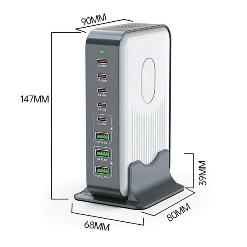 Stacja ładująca WLX-F8B 200 W na podstawie, 8-portowy szybki adapter GaN USB-C PD 100 W do laptopów/tabletów/telefonów – wtyk amerykański
