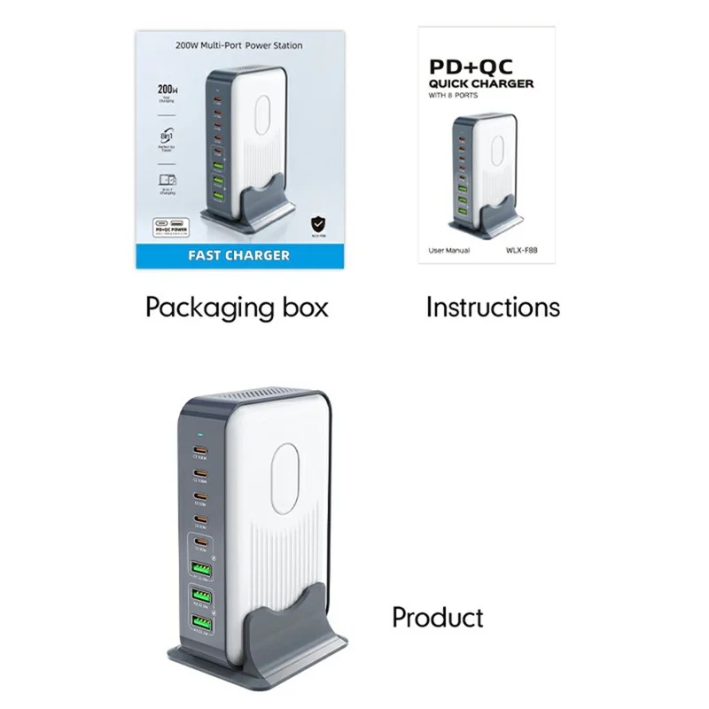 Stacja ładująca WLX-F8B 200 W na podstawie, 8-portowy szybki adapter GaN USB-C PD 100 W do laptopów/tabletów/telefonów – wtyk amerykański