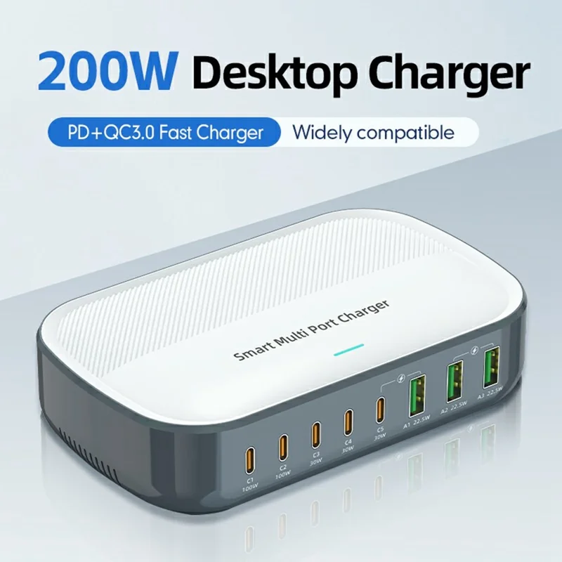 WLX-F8C 200W Desktop Charging Station 8-Port GaN USB-C PD 100W Charger Adapter for Laptops / Tablets / Phones Fast Charging Hub - US Plug