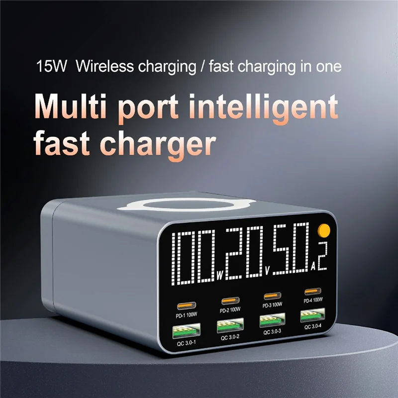 WLX-M1 120W Desktop Charger Adapter with Wireless Charging, 8 Port GaN USB C PD 100W Charging Station - US Plug