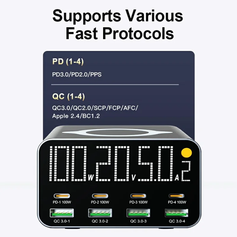 WLX-M1 120W Desktop Charger Adapter with Wireless Charging, 8 Port GaN USB C PD 100W Charging Station - US Plug
