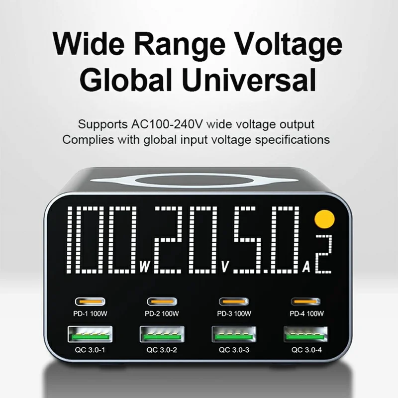 WLX-M1 120W Desktop Charger Adapter with Wireless Charging, 8 Port GaN USB C PD 100W Charging Station - US Plug