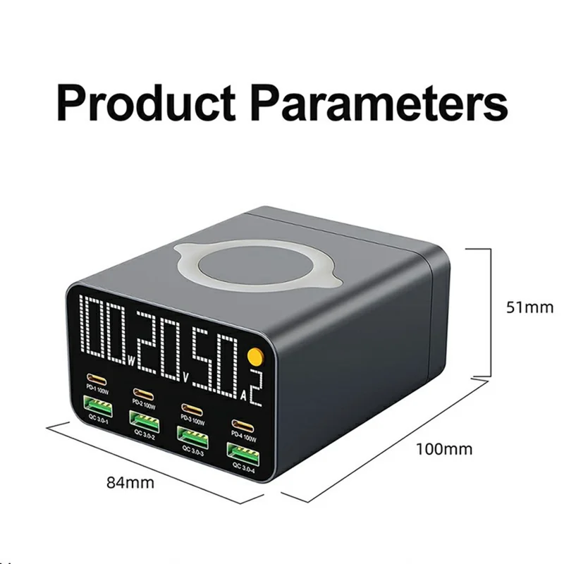 WLX-M1 120W Desktop Charger Adapter with Wireless Charging, 8 Port GaN USB C PD 100W Charging Station - US Plug