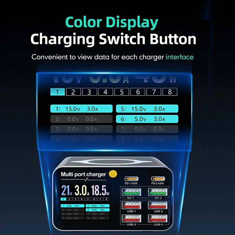 WLX-M2 80W Desktop Charger Adapter 8 Port GaN USB C PD 45W Charging Station Support Wireless Charging - US Plug